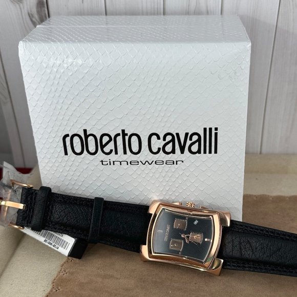 New Roberto Cavalli Chronograp Watch Rose Gold with 9.5in Black Embossed Strap - Picture 1 of 10